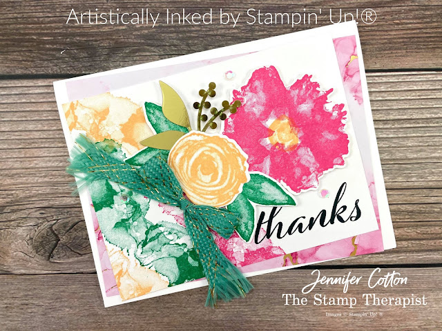 This gorgeous card uses Stampin' Up!'s Expressions in Ink Suite (Artistically Inked Bundle, Expressions in Ink 12x12 Specialty Designer Series Paper, & Expressions in Ink Ephemera Pack) and Just Jade & Gold Braided Ribbon.  Video, measurements, and supply list on the blog.  #StampinUp #ArtisticallyInked #StampTherapist