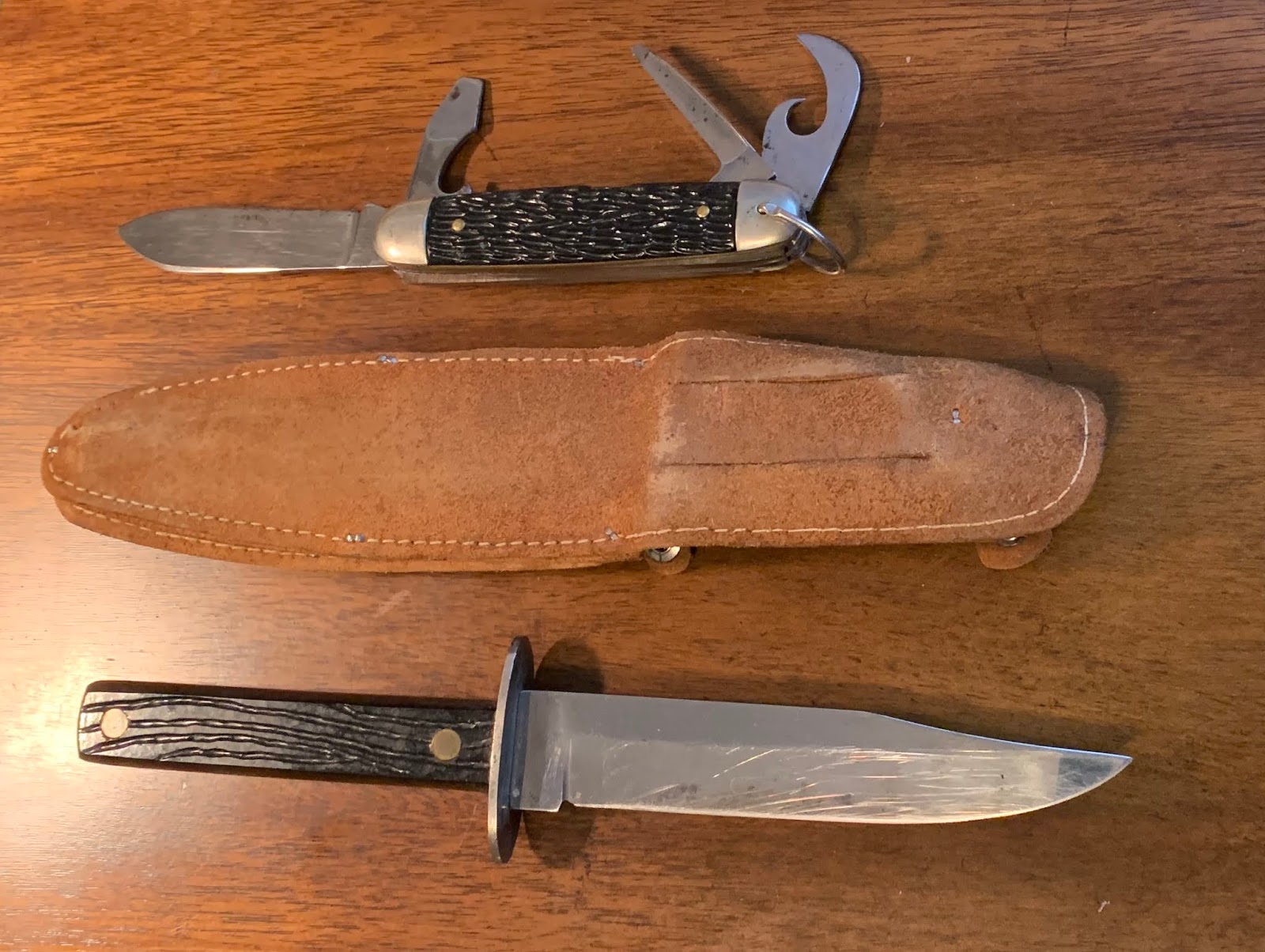 Vintage Outdoors Hammer Brand USA Hunting and Camp Knife combo Integrated Leather Sheath.