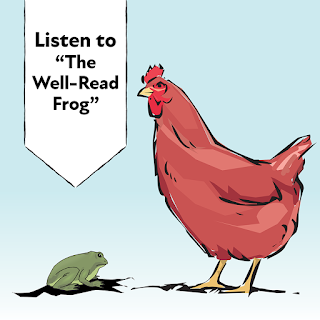 The Well-Read Frog Illustration of a green frog and a brown chicken