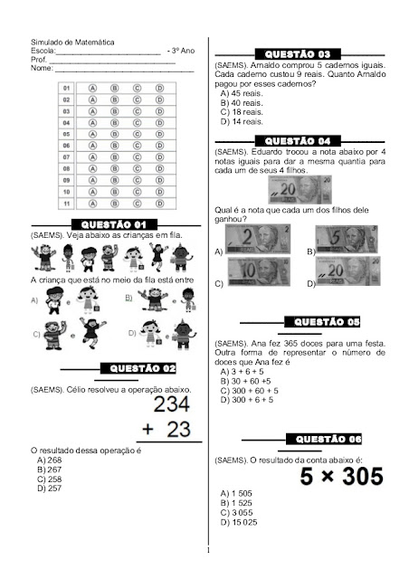 atividades de matematica para 3 ano do fundamental