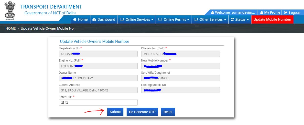 Delhi Vehicle RC In Mobile Number Update Gadi number se malik ka