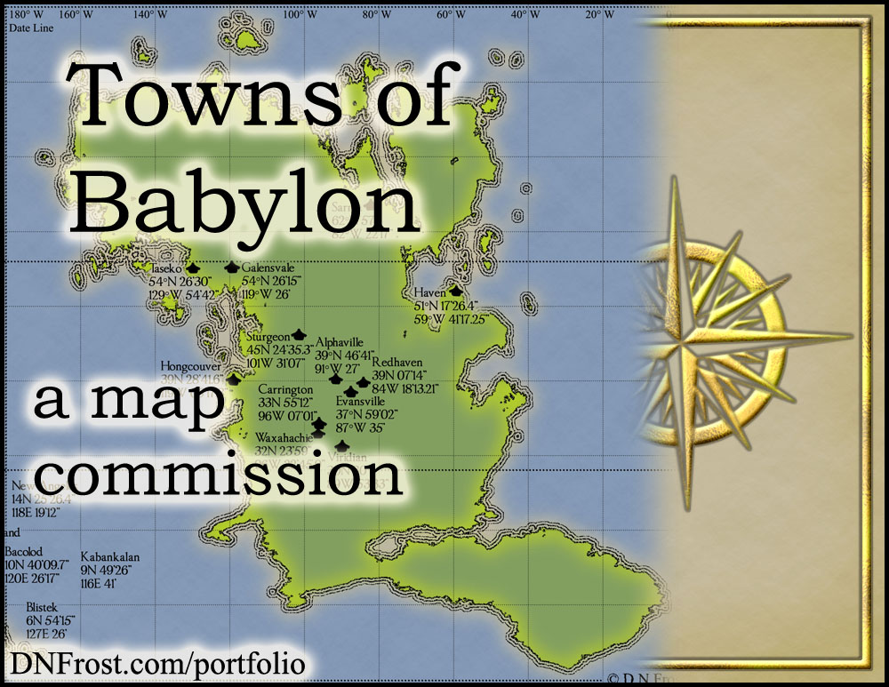Towns of Babylon: mountains, lakes, and plotting coordinates http://www.dnfrost.com/2015/05/sheridans-towns-map-commission.html A map commission by D.N.Frost for Stephen Everett @DNFrost13 Part 3 of a series.