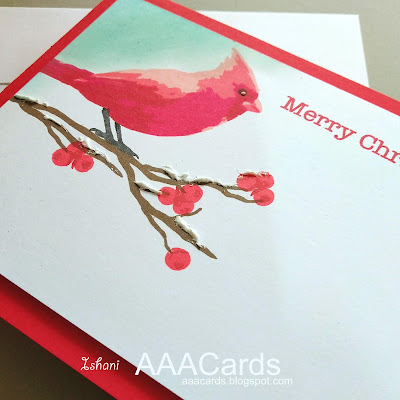 Clean and simple Christmas card, Altenew Winter cardinal, layered stamping, Quillish