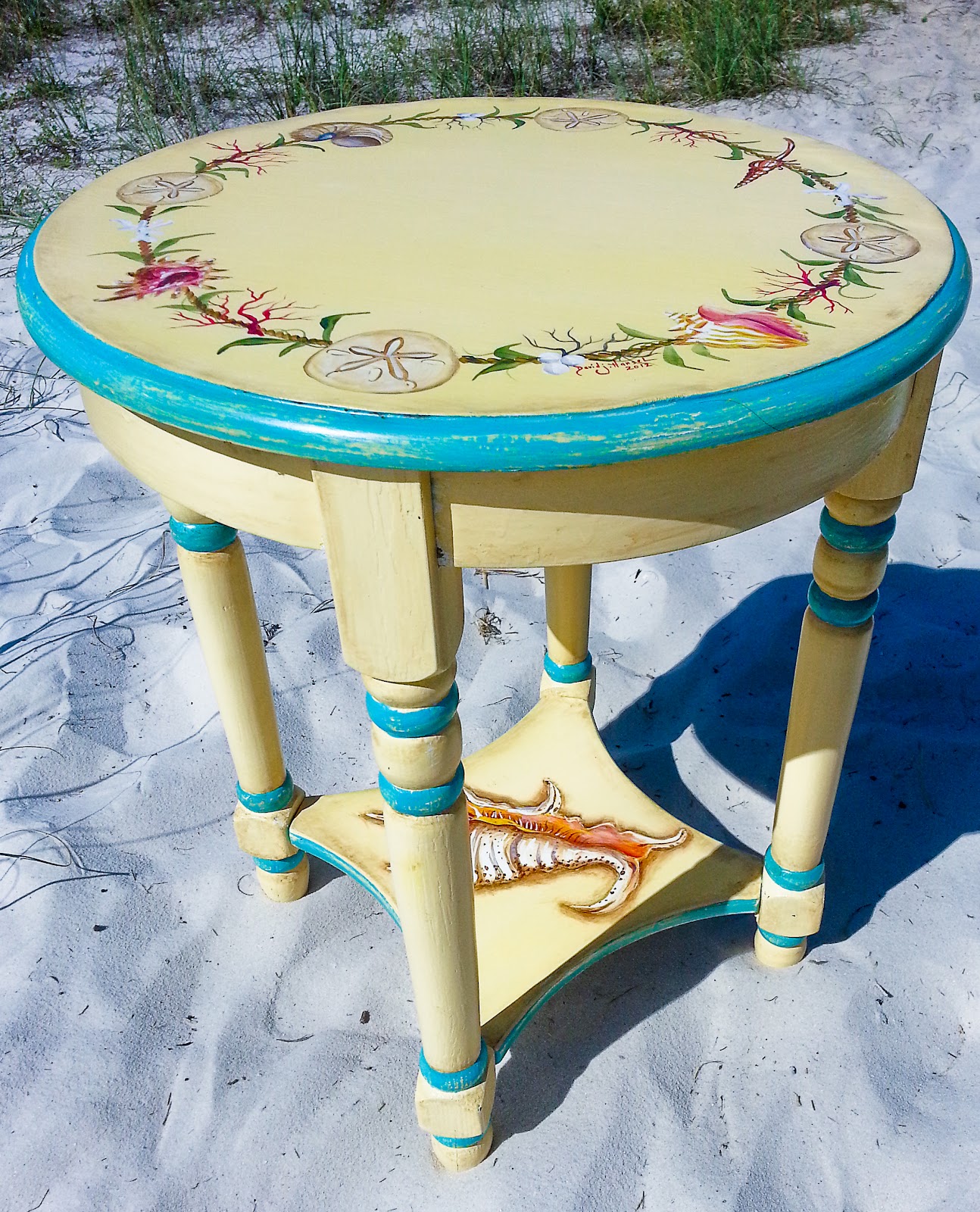 David J. Hansel the Artist HandPainted Vintage Seashell Table