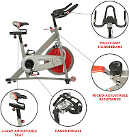 Sunny Health & Fitness Pro II Indoor Cycle's features include multi-grip handlebars, micro adjustable resistance knob, 4-way adjustable seat, cage pedals