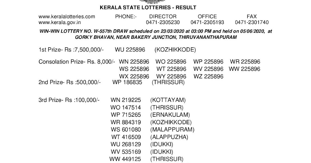 Kerala Lottery Results, Kerala Win-Win W-557 state lottery results  announced; 1st prize Rs 75 lakhs