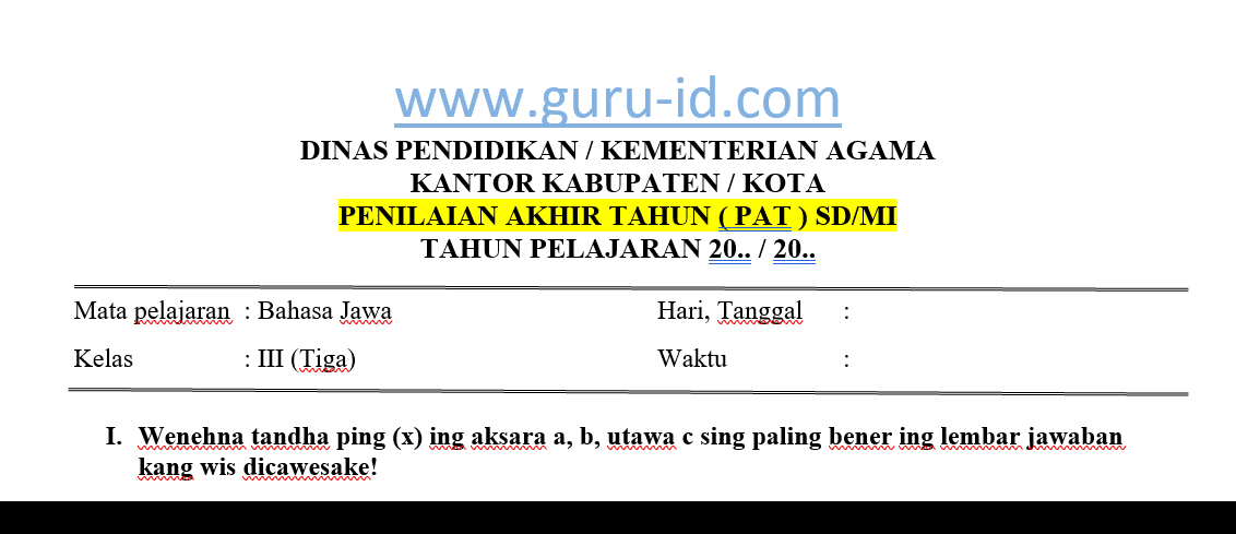 Soal Jawaban Pat Bahasa Jawa Kelas 3 Semester 2 Tahun 2021 Info Pendidikan Terbaru