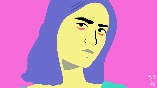 Image of a person with furrowed brow - neon colours - pink background, purple hair, yellow complexion
