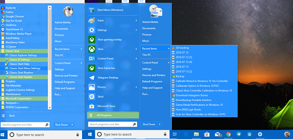 Menu Start classico su Windows 10