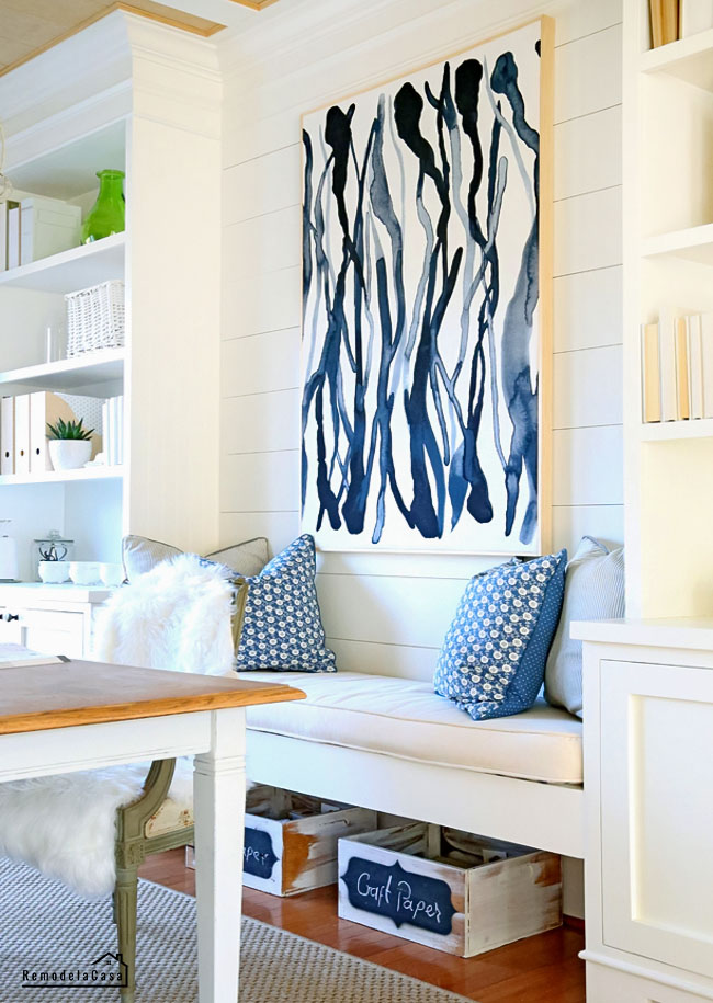 Hanna Delrot fabric used for a wall art in home office space with bench and build ins