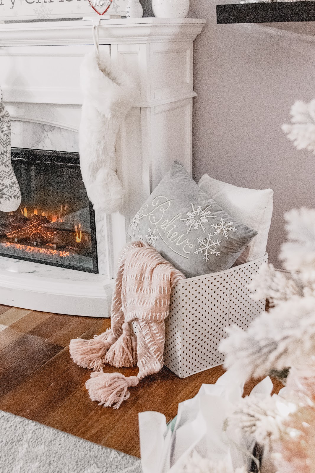 Holiday Giving to St. Jude with Gordmans  Christmas Decor Mantle Decor Holiday Gift Ideas Blush White Gray Fireplace Believe Pillow Blanket Cone Trees Silver and Gold Cozy Stockings Fur Stockings Knit Stockings