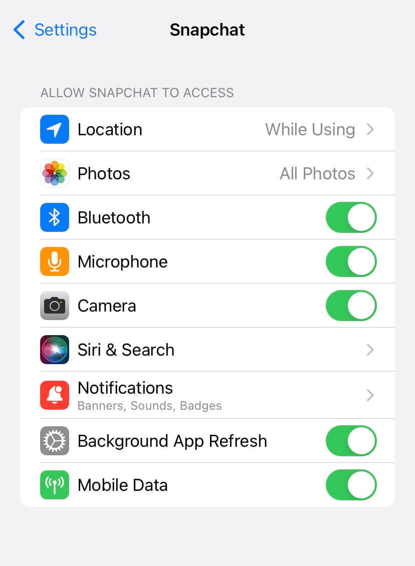 Snapchat app settings