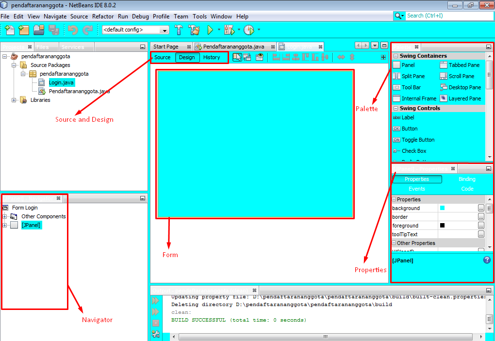 Bagian Kiri : Navigator Project, Files dan Services.