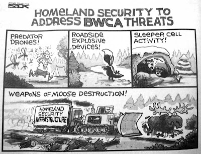 4 panel cartoon showing Predator drones (mosquitoes), roadside explosive devices (skunks), sleeper cell activity (bears in hibernation), weapons of moose destruction (DHS bulldozer bearing down on a frantic moose)