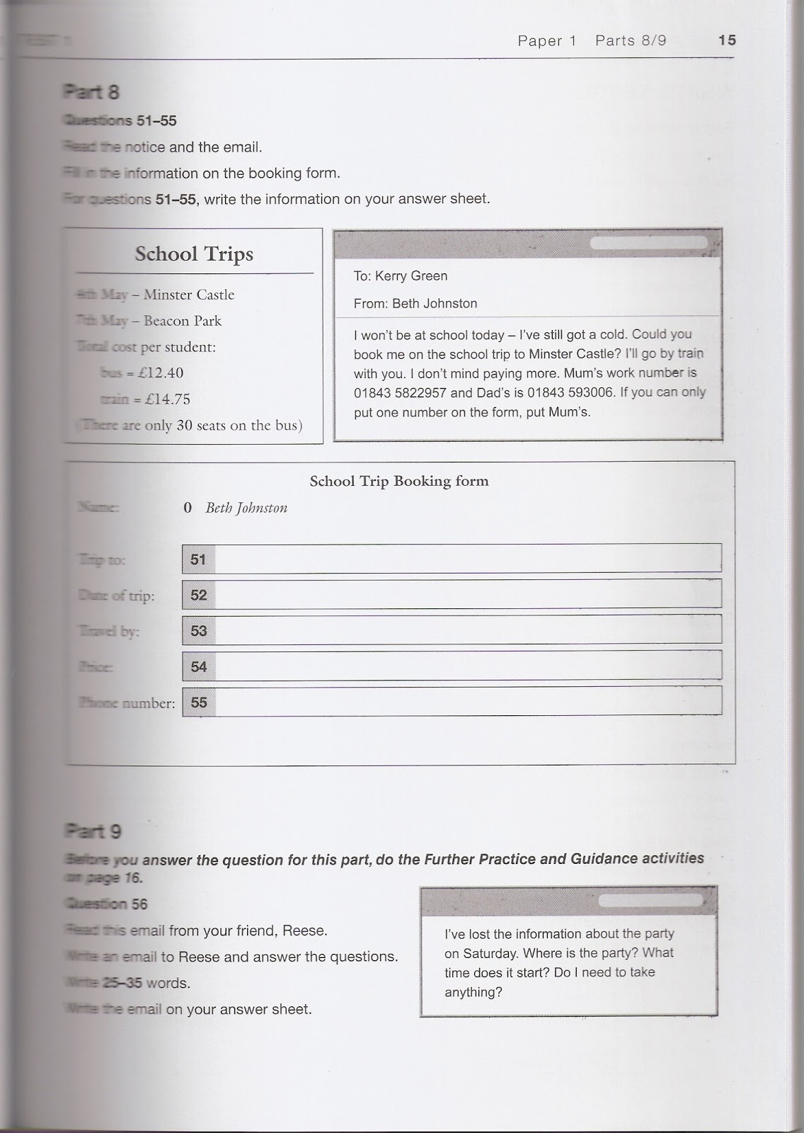 Exámenes de Cambridge : KET (Test 1) Reading and Writing