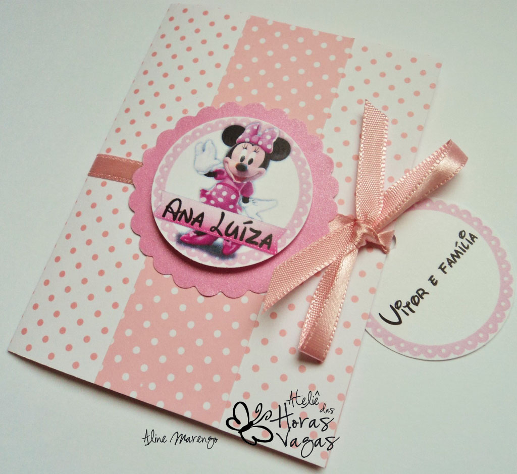 convite artesanal aniversário infantil minnie mouse poá rosa e branco menina festa
