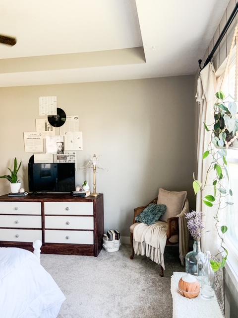 stained dresser with white painted drawers