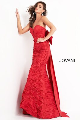 Jovani Red Color Strapless Pleated Red Carpet Gown Dress