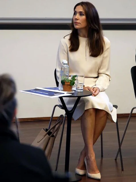 Crown Princess Mary wore a natural Lynne pleated silk dress from Joseph, Gianvito Rossi beige pumps, Dulong Delphis gold earrings