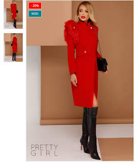 Palton elegant de iarna mediu rosu cu accesoriu blanita pe umar Palton elegant de iarna mediu rosu cu accesoriu blanita pe umar
