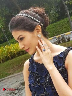 Actress Amyra Dastur Pos in Blue Long Dress at Kung Fu Yoga Promotion in Singapore  0001