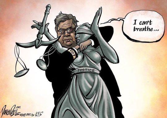 William Barr holding Lady Justice in a neck hold as she whimpers, 