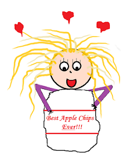 Holding a gigantic, puffy bag, hearts over my head. Bag says "Best Apple Chips Ever!!!"