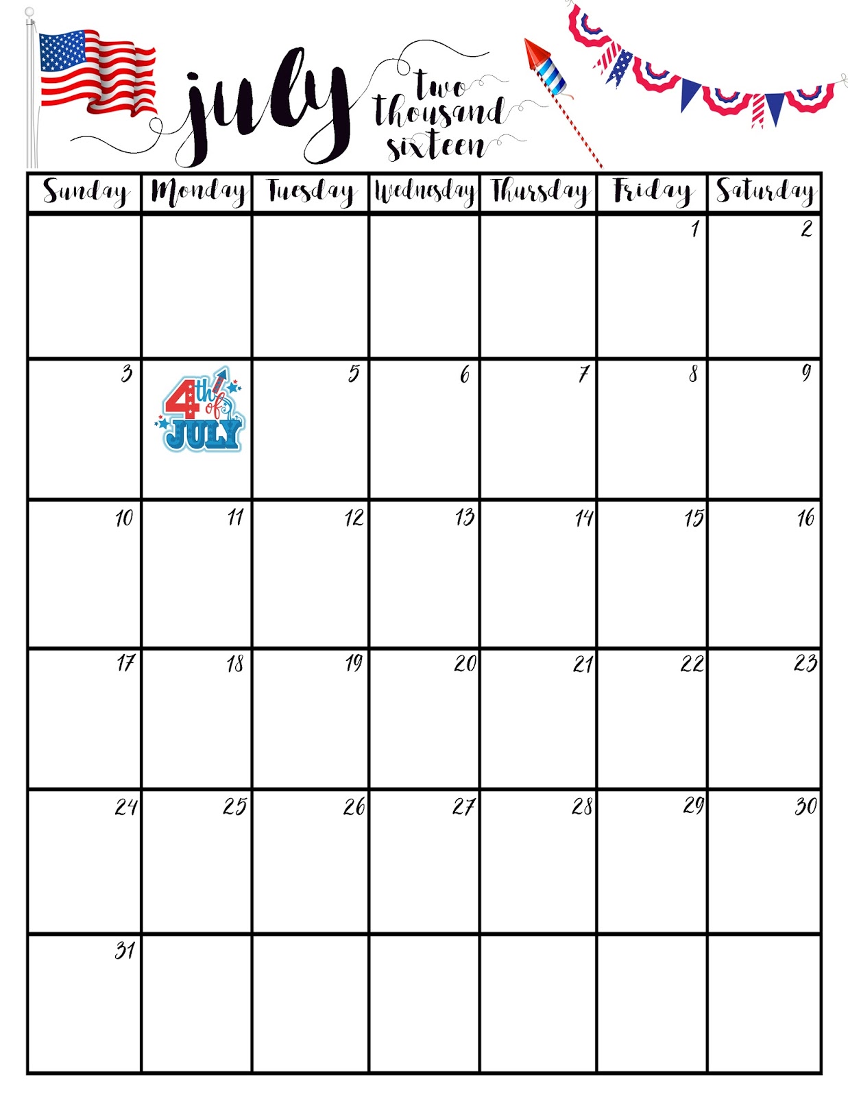 FREE JULY 2016 Printable Calendar Love Always Leslie