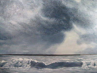 original oil painting, contemporary, gray blue, murmuration, phenomena, ocean, sky, wave, flocking bird storm, ethereal, two piece modular, large