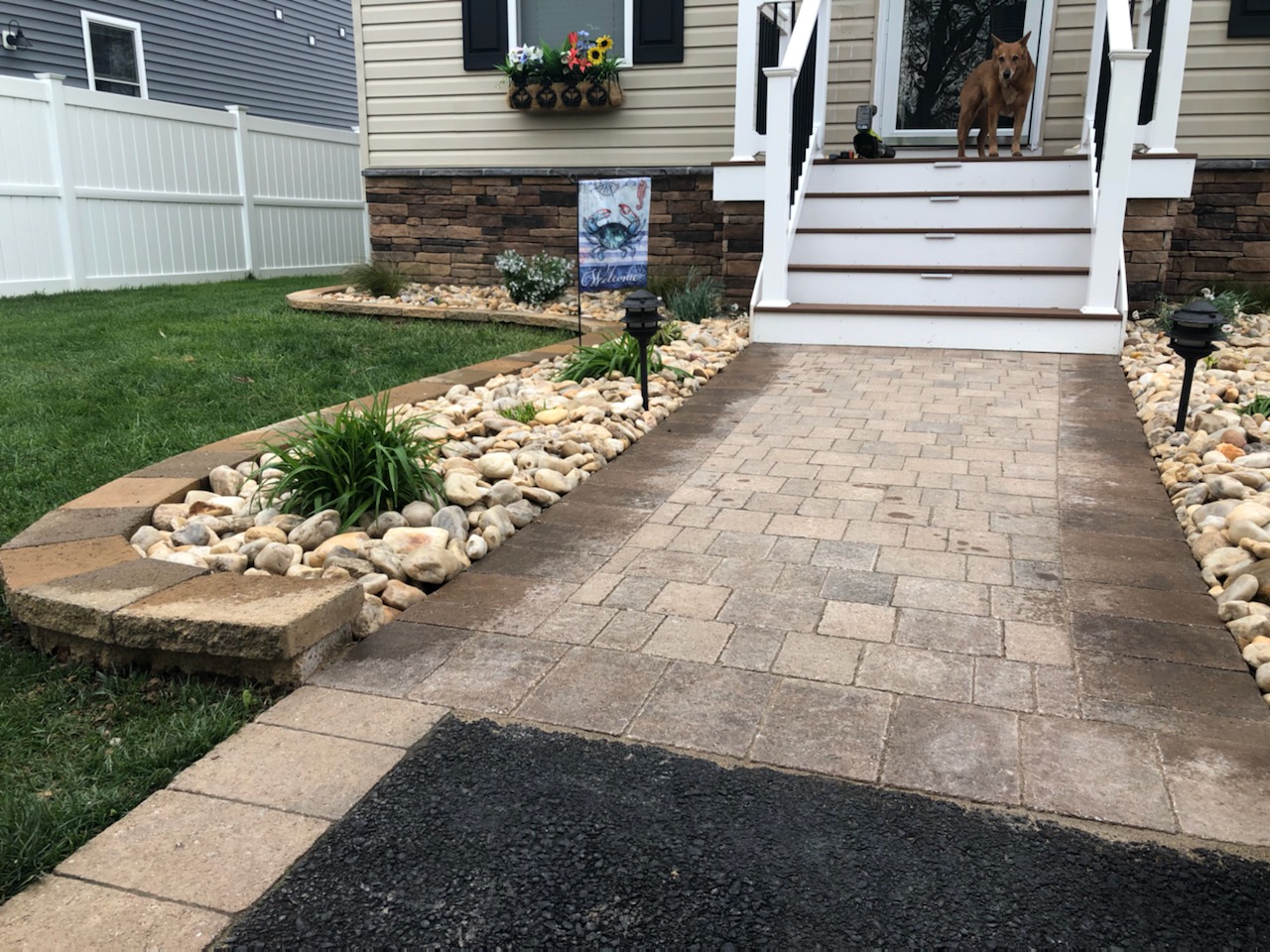 Custom Stoneworks & Design Inc. Paver Walkway, Veneer Stone on House, Walls & Decorative Gravel