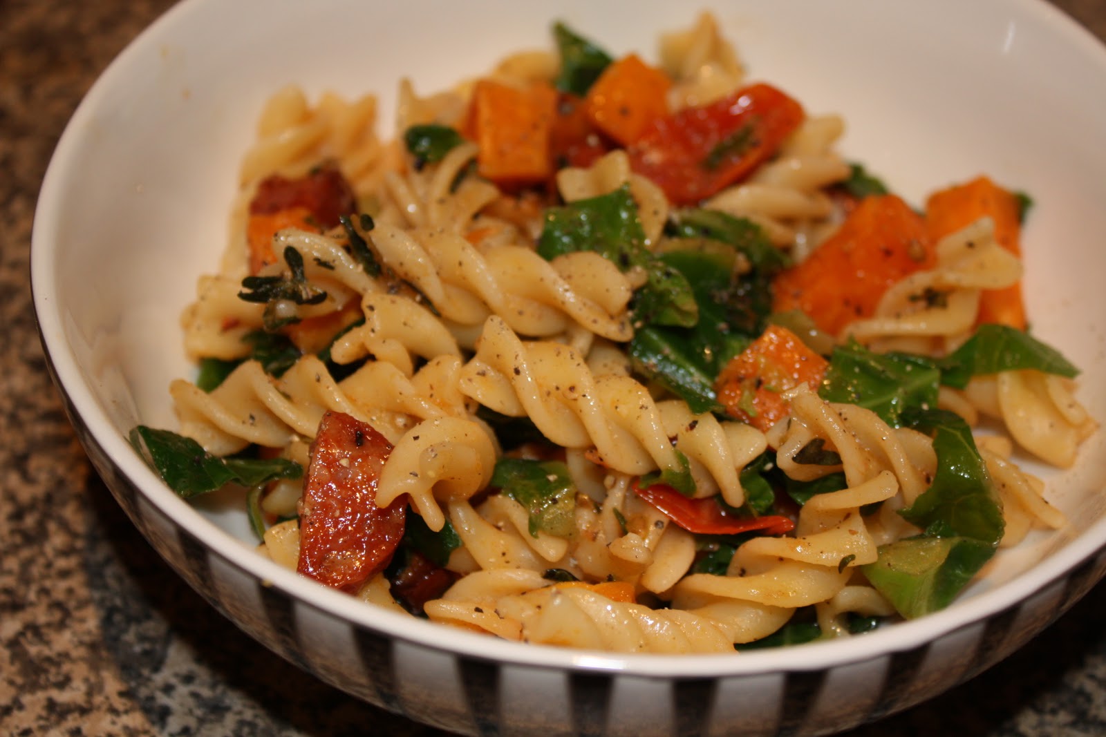 Teeny Tasty Triumphs Chorizo, Butternut and Thyme Pasta.