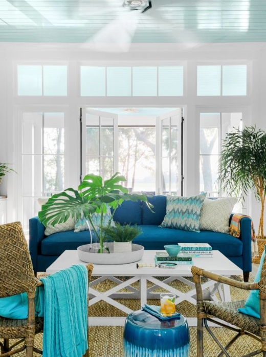 Blue Painted Ceiling Coastal Home Living Room
