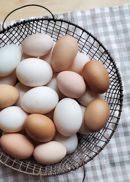 wire basket full of brown and white eggs