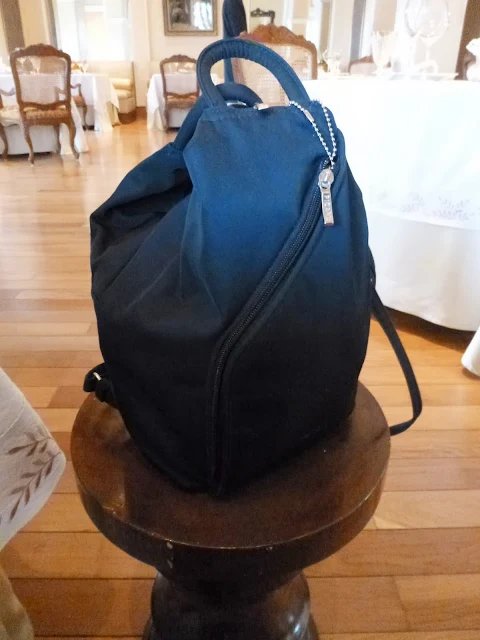 Backpack on a pedestal at Falaknuma Palace