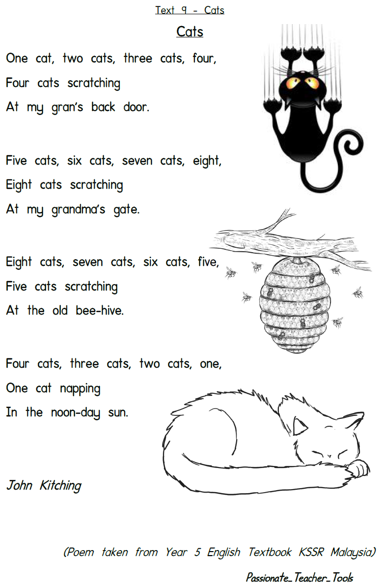 Passionate Teacher Tools Text 9 Cats Poem With Suggested Activities