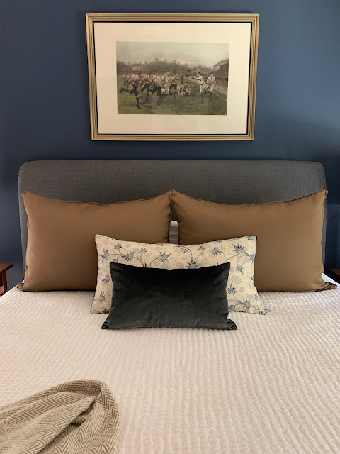 Newburyport Blue paint color on walls of bedroom by Benjamin Moore - Design by Sherry Hart. #newburyportblue #benjaminmoore #paintcolors #navybluepaint #bestnavyblue #interiordesign #bluebedroom