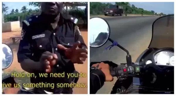 Drama as Policeman was caught demanding bribe from Spanish biker on arrival in Nigeria (Video)