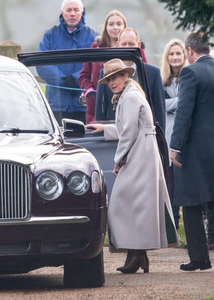 The Countess of Wessex wore a wool coat by Max Mara. Queen Elizabeth, Prince Charles, Princess Anne, Prince Edward and Lady Louise Windsor