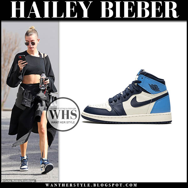 Hailey Baldwin in blue high top sneakers and black bike shorts on February 3 ~ I want her - What celebrities wore and where to it. Style