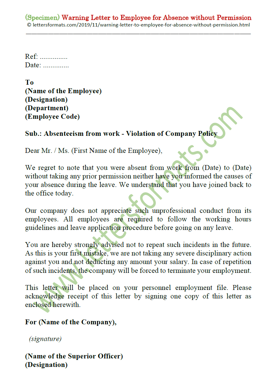 Draft Warning Letter for Absence from Work without Permission