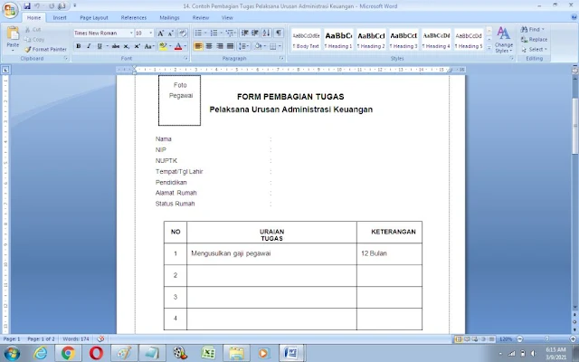 Contoh Format Pembagian Tugas Pelaksana Urusan Administrasi Keuangan