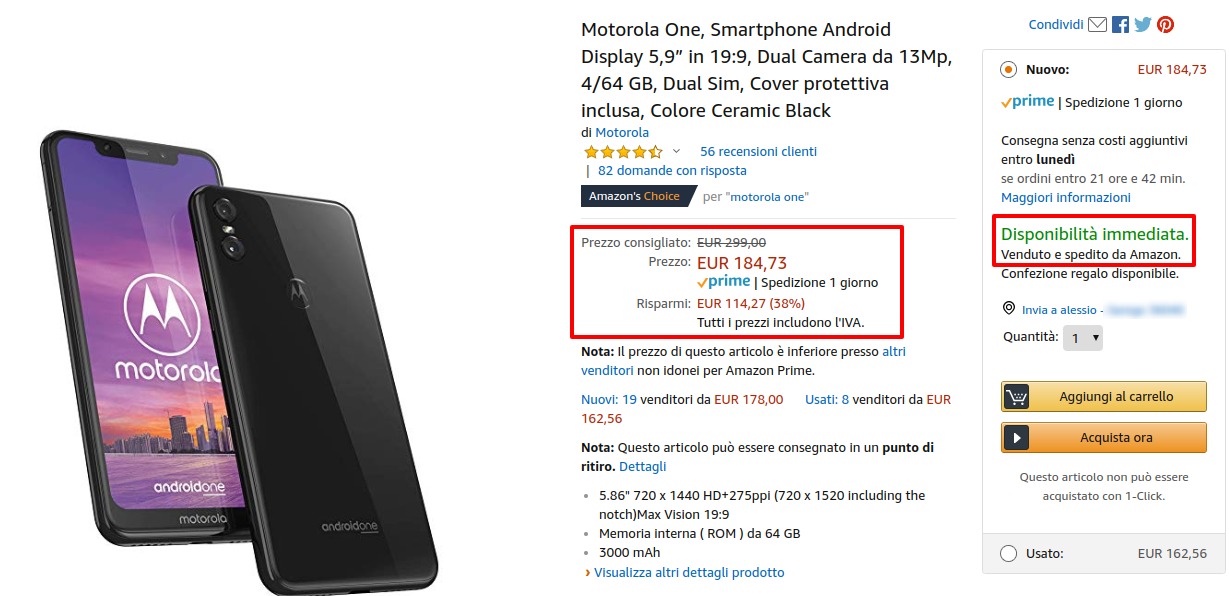 Offerta: Motorola One venduto e spedito da  a 184 euro