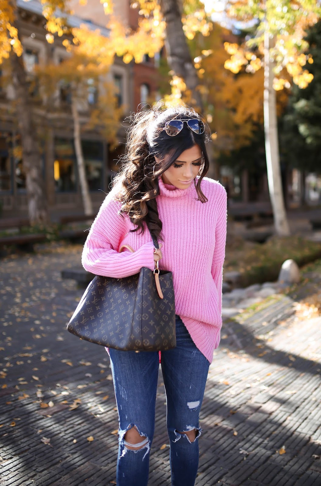 Emily Gemma, The Sweetest Thing Blog, aspen fashion blog, hot pink turtleneck ASOS, how pink turtleneck Nordstrom, Zara ripped jeans, leopard pumps, christian louboutin so kate leopard pumps, louis vuitton Montaigne GM, pinterest fall fashion 2016, pinterest fall outfits, pinterest outfit ideas fall casual women, pinterest fall trends 2016, pinterest fall outfit ideas for women, fall date night outfits, best fall outfits, popular fall outfits, how to wear hot pink in fall, leopard print pumps outfit idea, fashion blogs with fall outfits, popular fashion blogs fall outfits, messy ponytail tutorial, how to make a messy low ponytail, messy voluminous low ponytail, medium brunette hair style, fall hairstyles 2016, fall hair brunette balayage medium, smash box OBVI lipstick charlotte tilbury lipgloss, david yurman morganite albion ring gold, david yurman bracelet stack