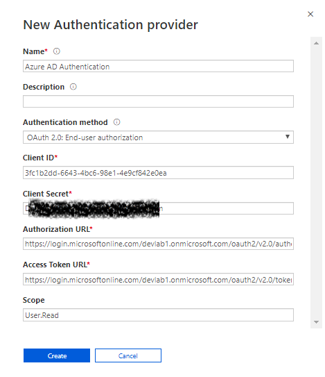 Azure AAD Authentication configured from the configurations done on Azure AD App