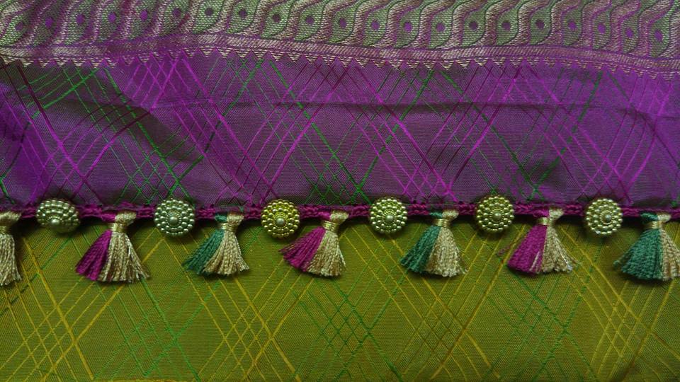 Kayal Tassel(Kuchu) Works: Golden Chakra Beads with Saree Tassel (Kuchu)
