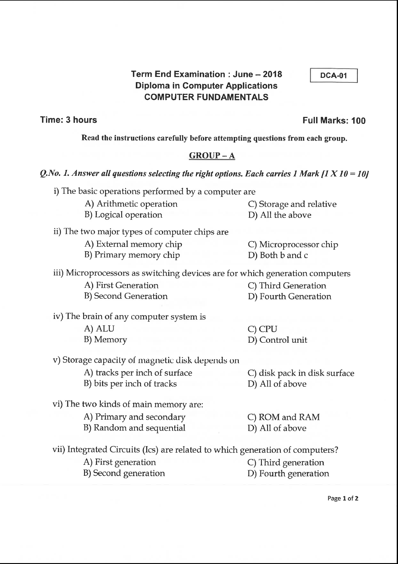 OSPU DCA computer Fundamentals June 2018 Question Paper University