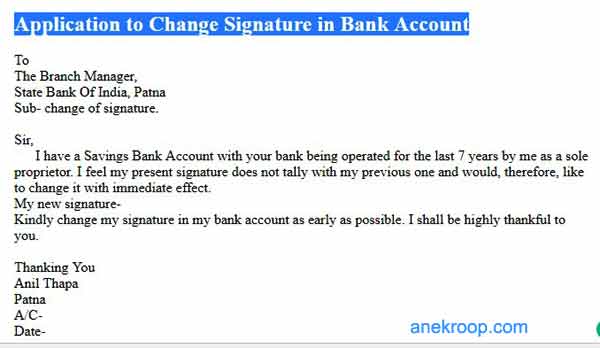 application letter for signature in bank account