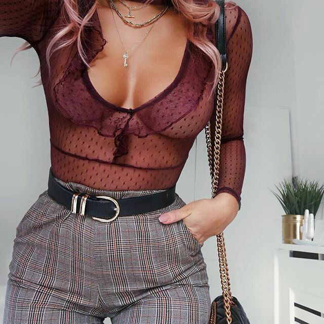 Fαshiση Gαlαxy 98 ☯ Sheer bodysuit shirt with casual pants