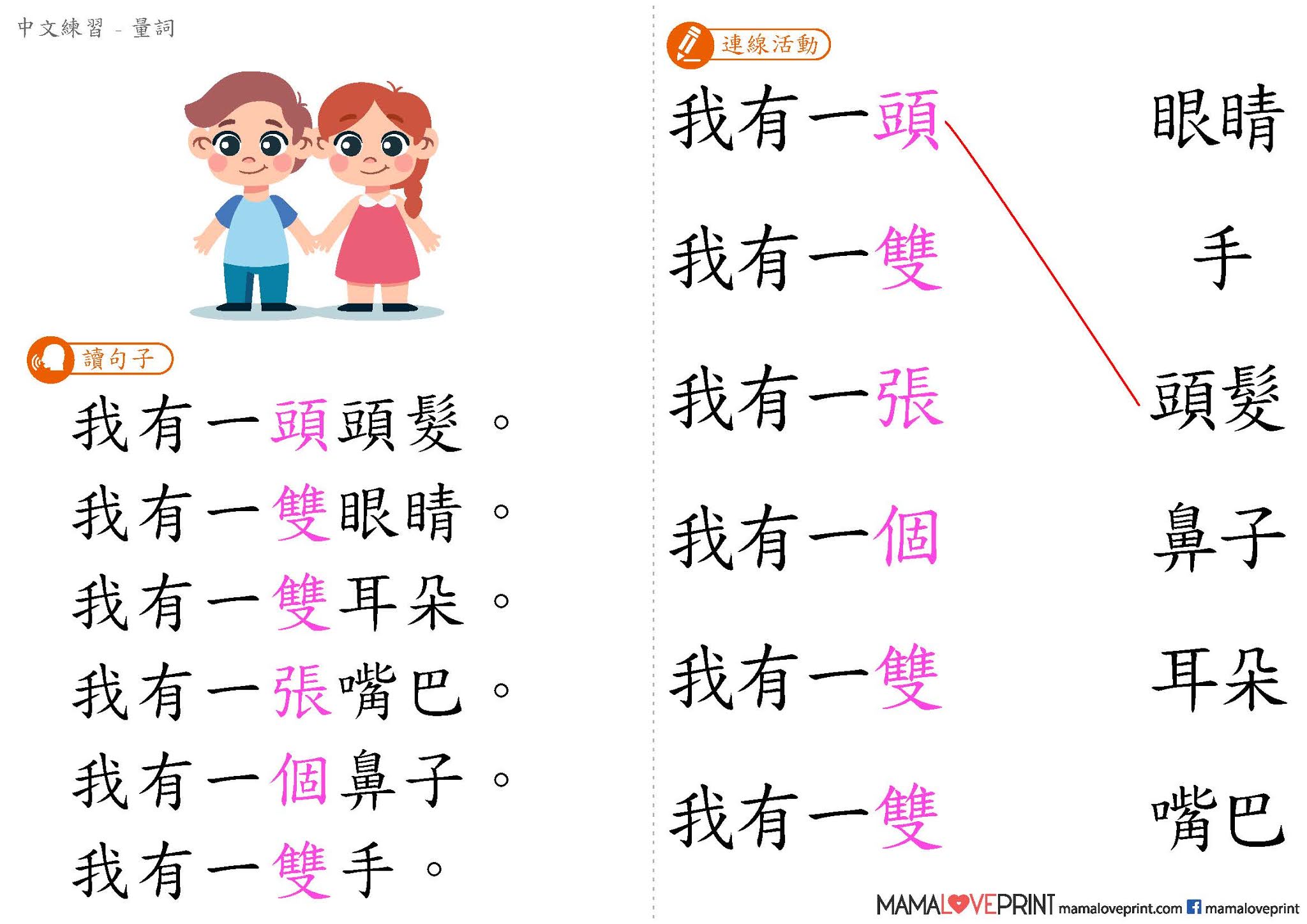 MamaLovePrint 中文工作紙 - 中文量詞 - 身體部位 / 水果 / 物件/ 自然 / 動物 [共5套] 中文幼稚園工作紙 ...