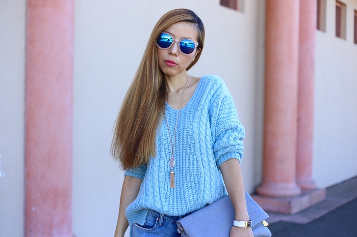 Chicwish Sunny Afternoon V neck Sweater in Pastel Blue, blank denim distressed skinny jeans, schutz heels, marc jacobs sunglasses, hermes bracelet, GiGi New York Carly clutch, kendra scott necklace, street style, nyc fashion blog, fall fashion, fall essentials
